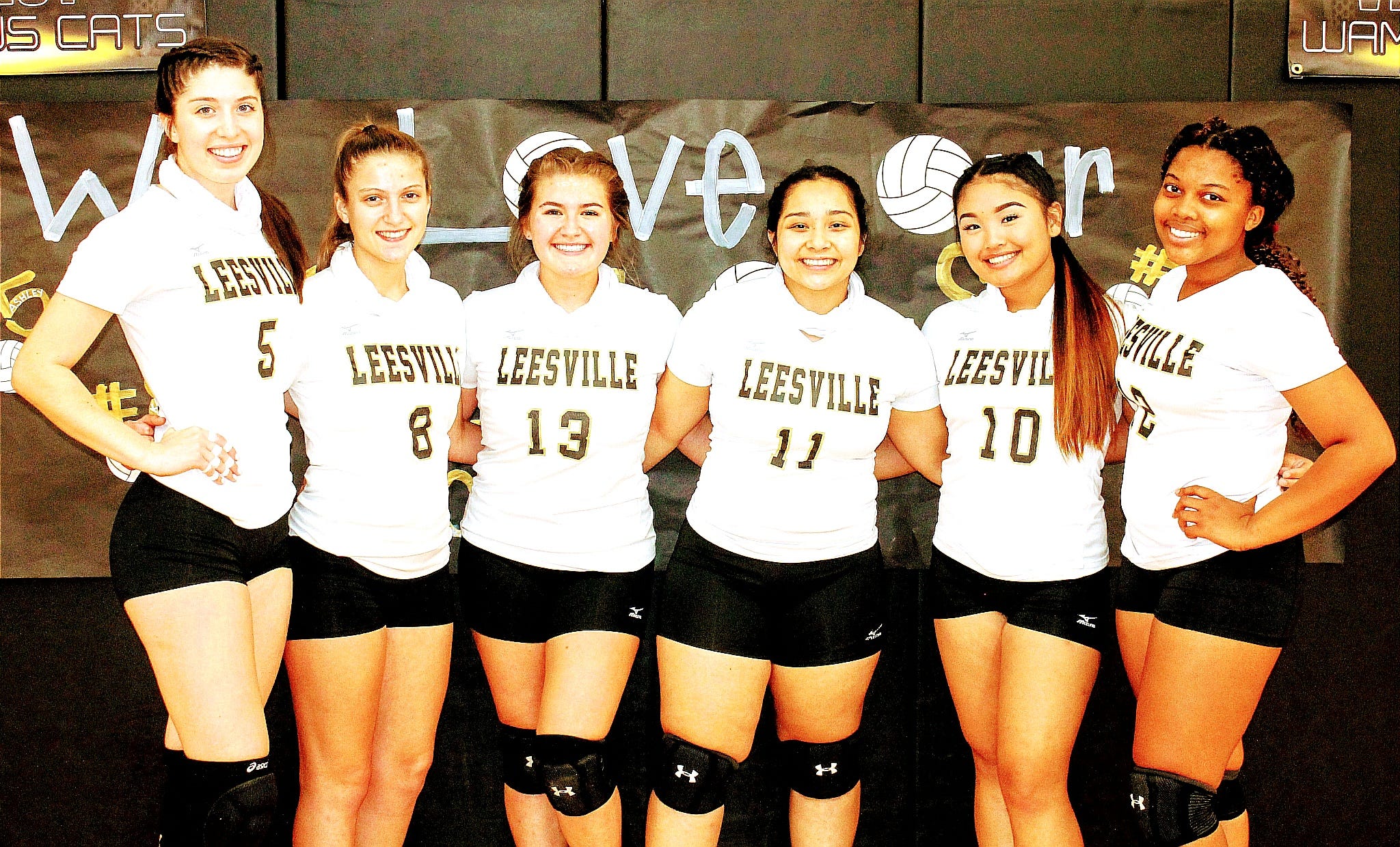 Six seniors closed out their Leesville volleyball careers on Thursday night in a hard-fought, 4-set loss to Carencro. The six seniors are (from left) Ashley Gorrell, Katelyn Furlow, Mackenzie Waldrop, Kiani Villenas, Kathleen West and Mya Wrisper.