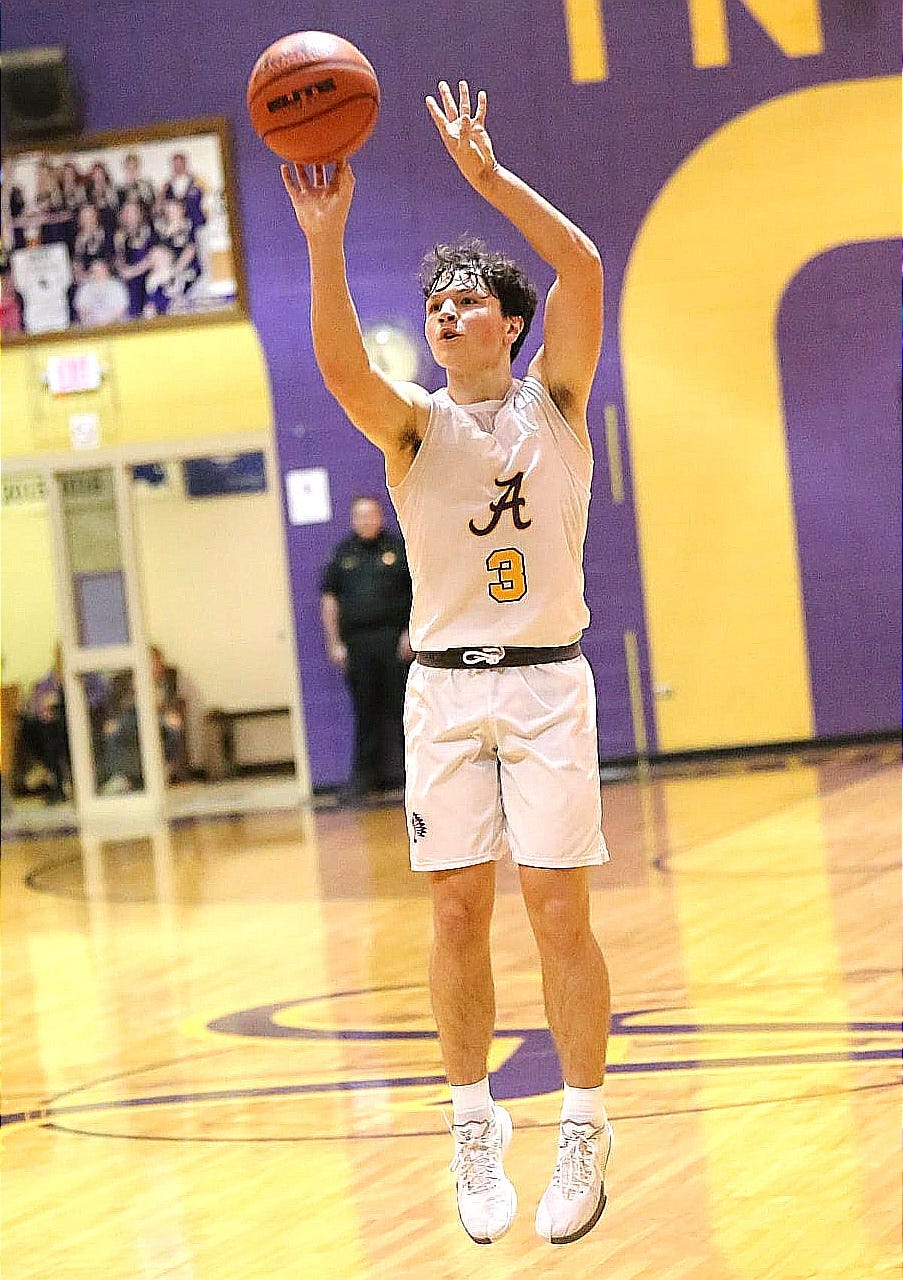 Anacoco senior Drew Tebbe (3) pulls up for a shot during a recent Indian win. Tebbe had 14 points Friday as Anacoco topped Iowa at the ASH Tournament.