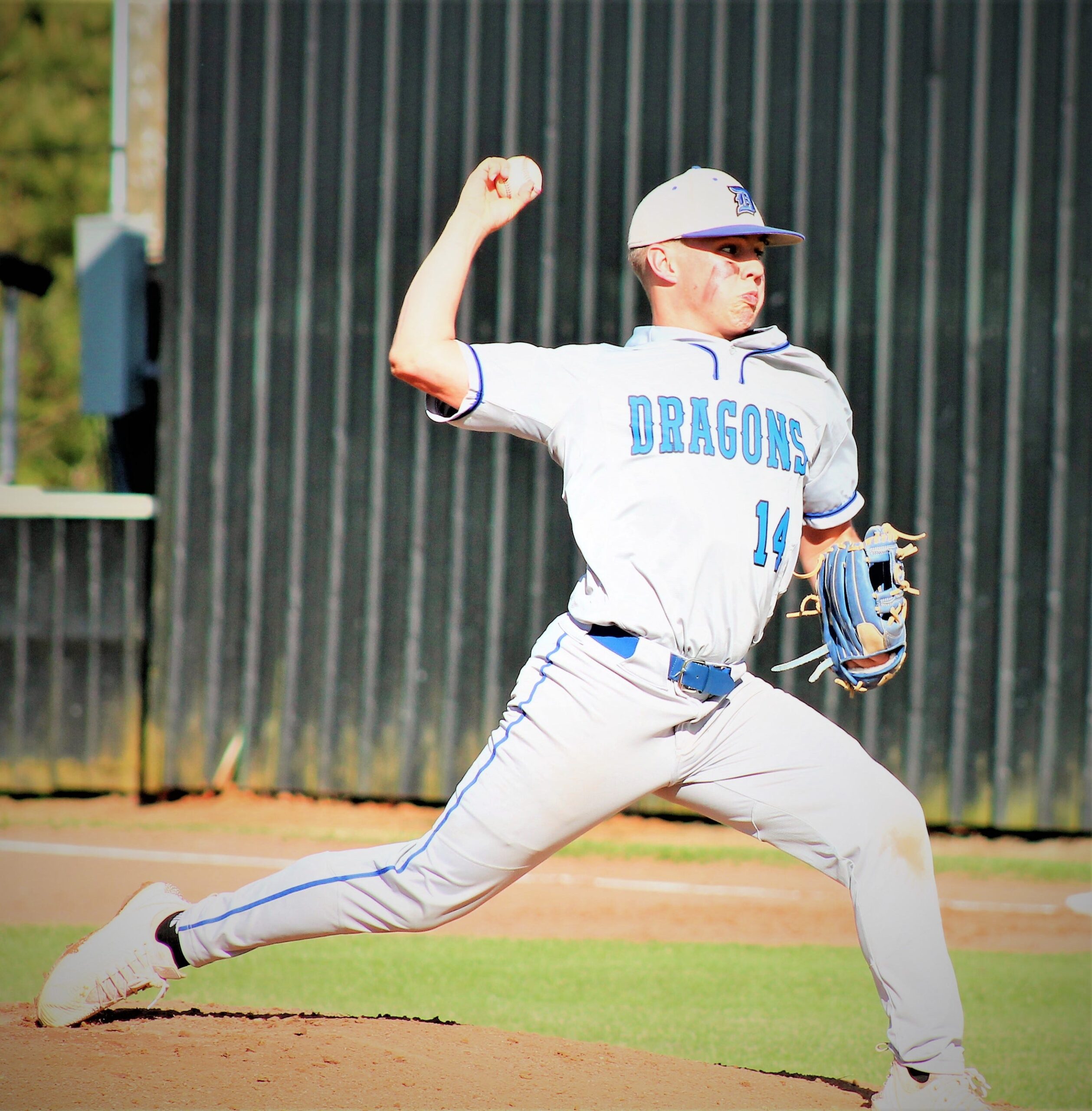 Dawson Hebert (14) fires a pitch toward the plate during DeRidder's win over Leesville in a highly competitive game earlier this season.