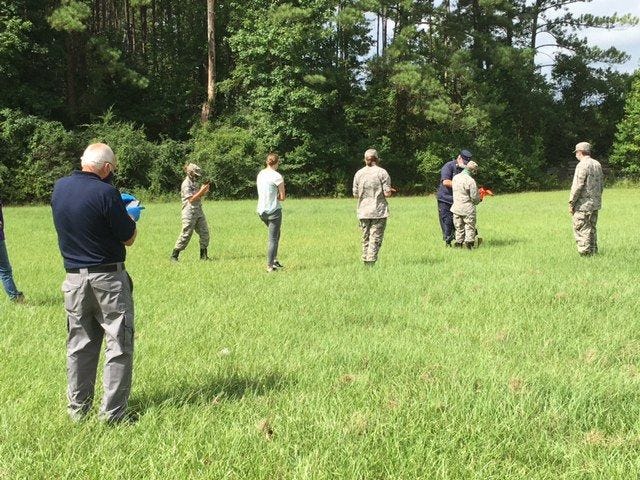 Water Rocket (2L Coke Bottle) Launch, 2nd Lt Bill Pardue, C/TSgt Emileigh Howard, Cadet Ruby Gross, C/Airman Jordan Jenkins, Maj. Douglas Plummer, C/A1C Sam Welch and Cadet Cyrus Sigler.